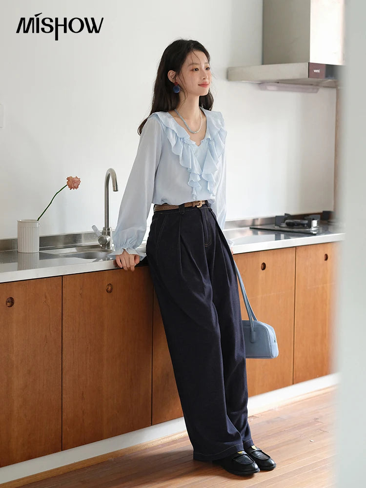 MISHOW Blue Lyocell Ruffled Shirt 2025 Autumn V-neck Flared Sleeves V-neck Shirts Commuting Elegant Versatile Tops MXE41X1969