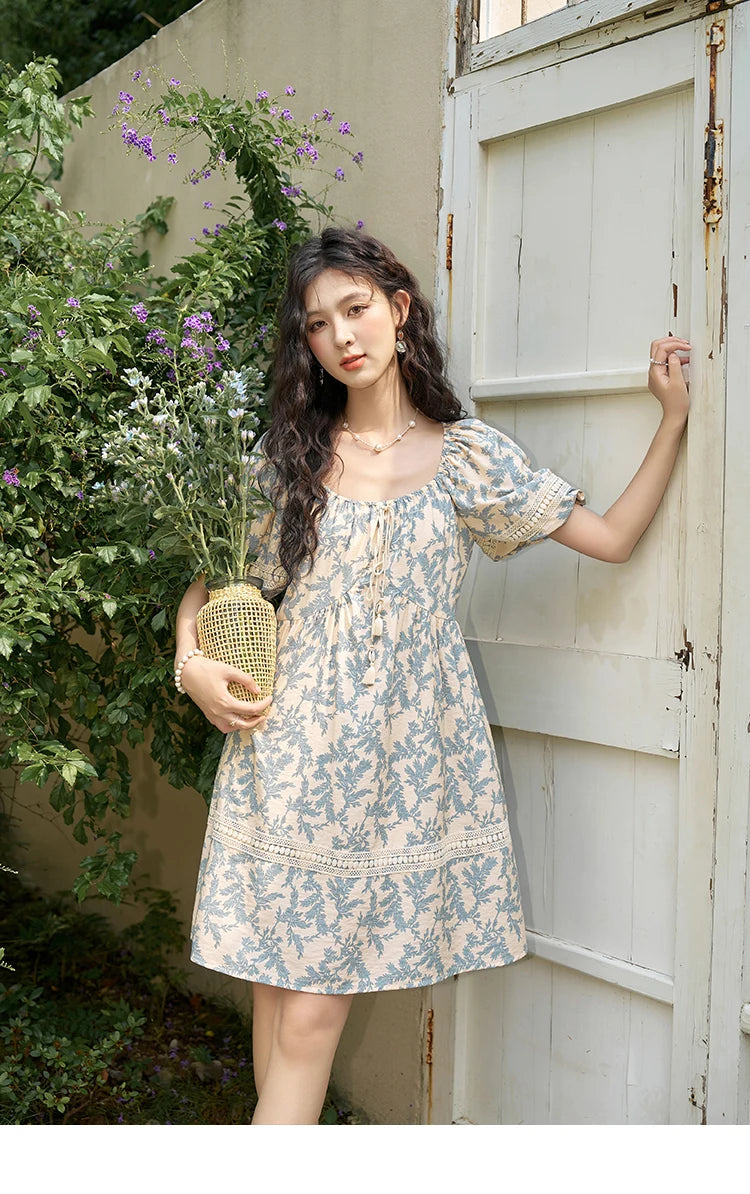 MISHOW French Floral Printing Dress for Women 2024 Summer Vacation U Neck Lace-up Bubble Sleeve Loose Doll Dresses MXD27L1898