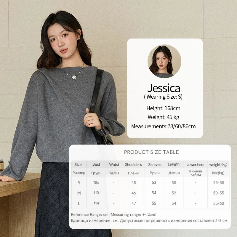 MISHOW Woman Gray Top 2025 Autumn French-style Diagonal Placket Knit Sweater Casual High-end Loose Pullover Woman MXE86Z2744