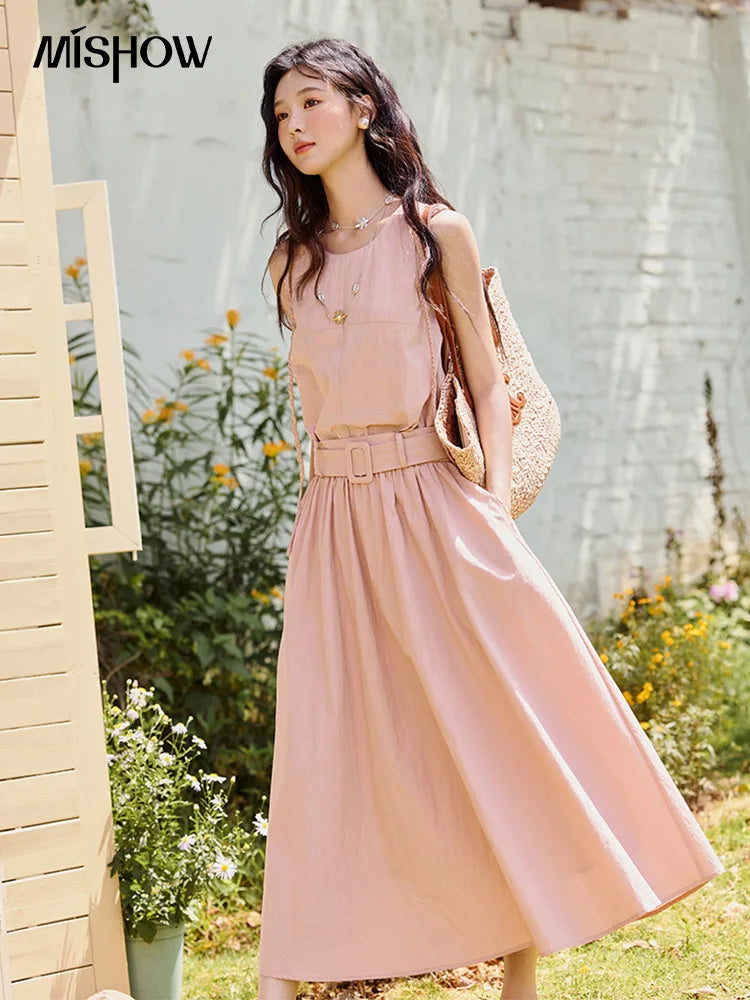 MISHOW Women's Vest Dress 2025 Summer Hand Woven Fried Dough Twists Waist Belt Slim Long Dress A-line Vacation Dress MXE34L2223