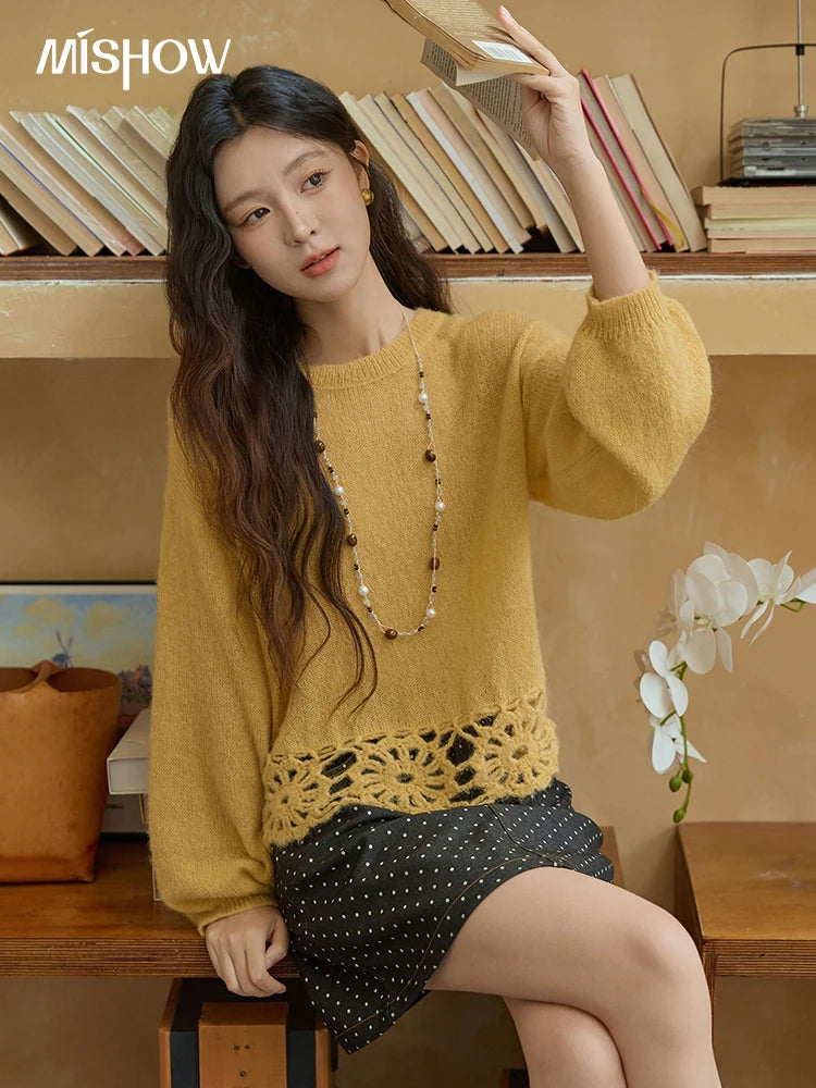 MISHOW Woman Sweaters 2025 Elegant French Hollow Out Floral Sweater Loose O-neck Long Sleeves Knit Top Autumn Clothes MXE44Z2491