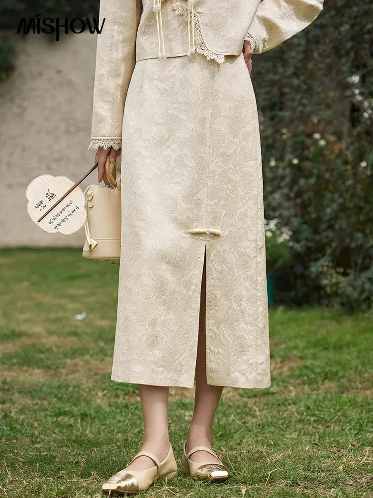 MISHOW Chinese Lace Edge Jacket Midi Skirts Separately Spring 2025 Elegant Top Irregular Jacquard Front Split Skirts MXD15W0370