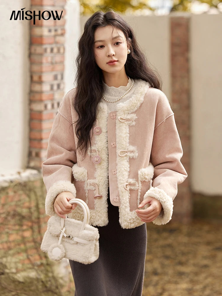 MISHOW Double Face Fur Coat For Women 2024 Winter Sweet Korean Vintage Suede Splicing Fleece Warm Thickened Jacket MXD55W0646