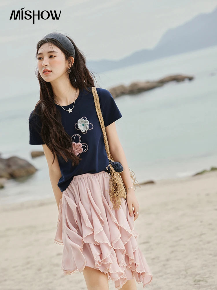 MISHOW Casual Summer Print T-shirts Women New 2025 Short Sleeve Round Neck Flower Beaded Shirts Female Fashion Tops MXE33T0499