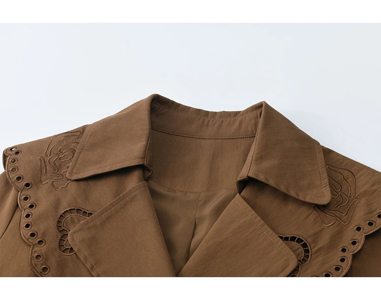 MISHOW Women's Trench Coat 2025 Autumn Hollow Embroidery Mid-length Windbreaker Double-breasted Belt Retro Jacket MXE46W0862