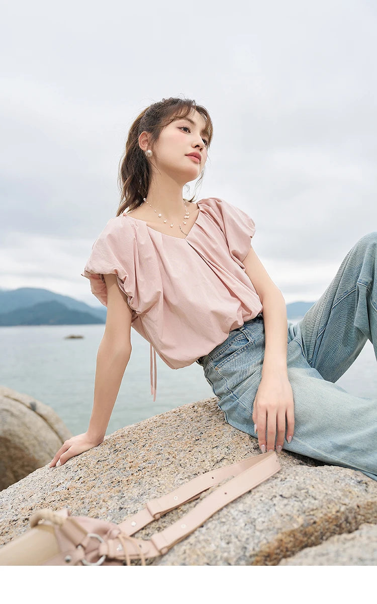 MISHOW Soft Blouses for Women 2025 Summer French Rear Collar Tie Up Solid Short Sleeve Solid V Neck Puff Sleeve Tops MXC38X1275
