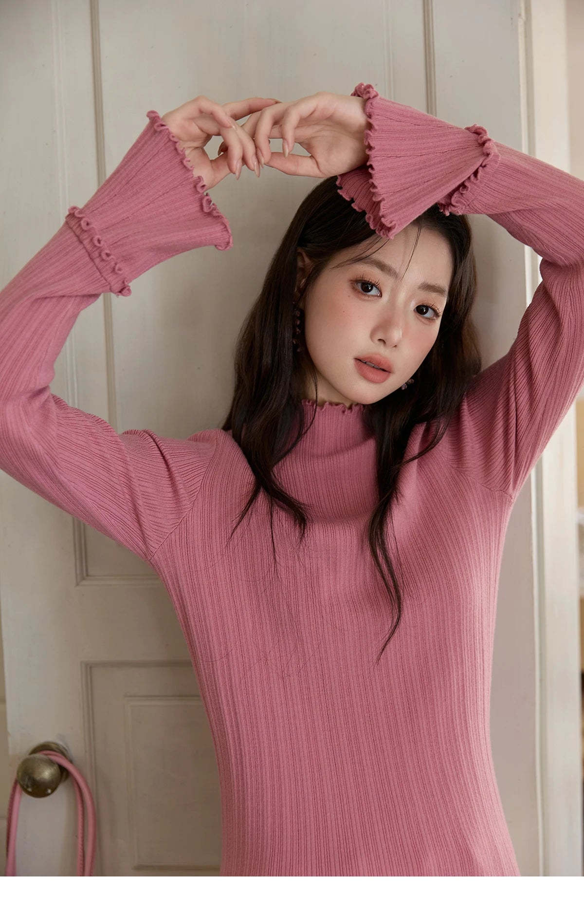 MISHOW Women's Long Sleeve Top 2025 Autumn New Casual Solid Turtleneck Slim Knit Wood Ear Edge Trumpet Sleeve Top MXE51Z2552