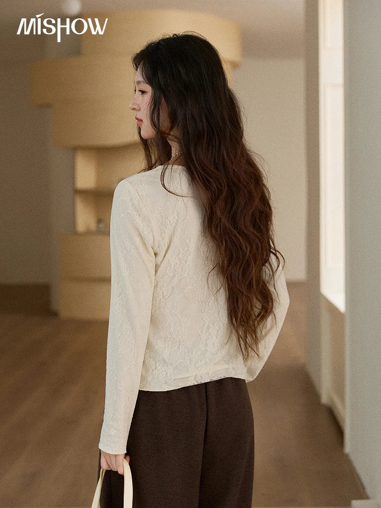 MISHOW Women Long Sleeve Tees 2025 Autumn Winter Elegant Beige Lace Patchwork Top Women Large U-neck Slim Fit Top MXE91X2514