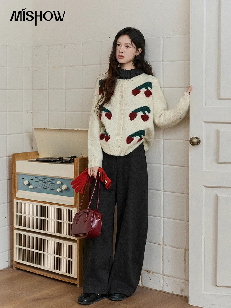 MISHOW Women's Cherry Jacquard Flecked Cardigan 2025 Autumn Winter Korean Drop Shoulder Tops Loose Crew Neck Knitwear MXE91Z2837