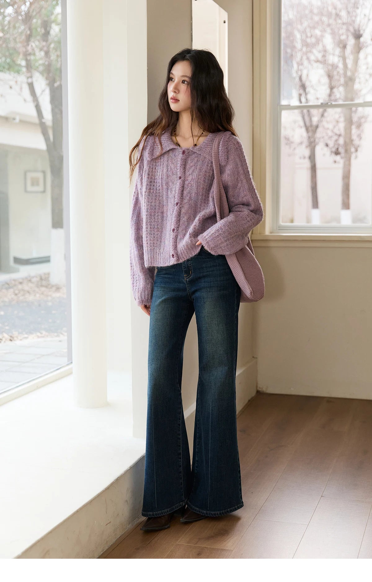 MISHOW Cardigans Ladies 2025 Winter Loose Retro Purple Turn-down Collar Imitation Mink Sweater Commute knit Top MXE88Z2616