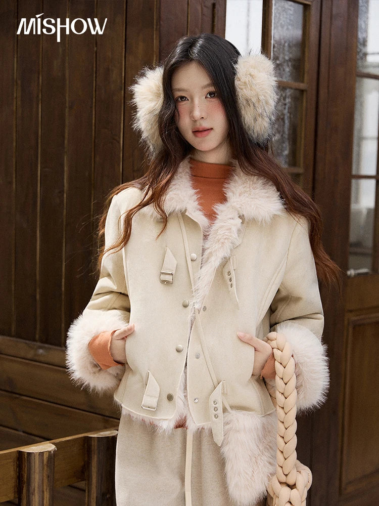 MISHOW Faux Fur One-piece Thick Short Coat for Women Winter Lapel Loose Jackets Windproof Warm Coats with Plush Bag MXE91W1000