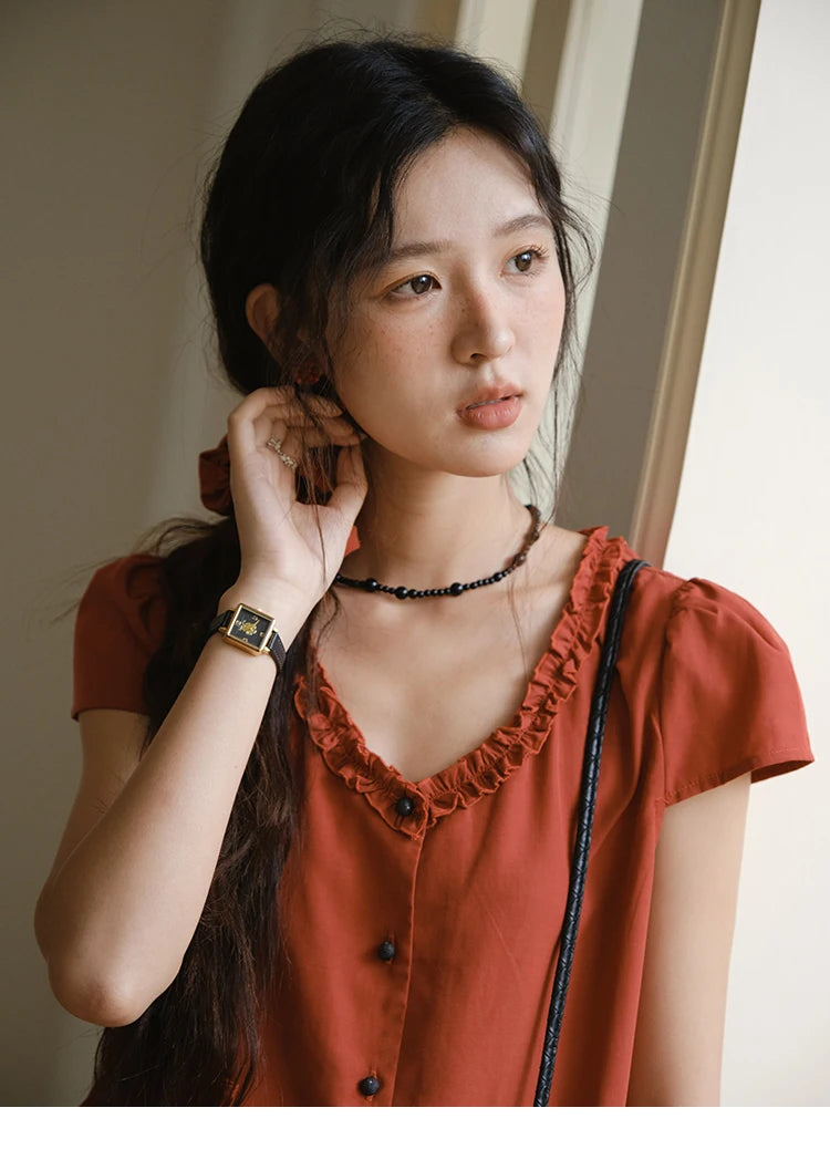 MISHOW Women's Summer Clothes 2025 Fashion Mushroom Edge V-neck Blouse Office Lady Casual Short Sleeve Button Top MXE38X1867