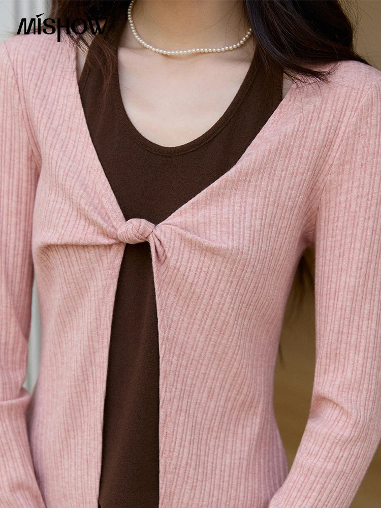 MISHOW Women's Pink Brown Fake Two-Piece Top 2026 Spring Ribbed Knit Knot Front Thin Top U-Neck Long Sleeve Slim Tops MXF11Z2912
