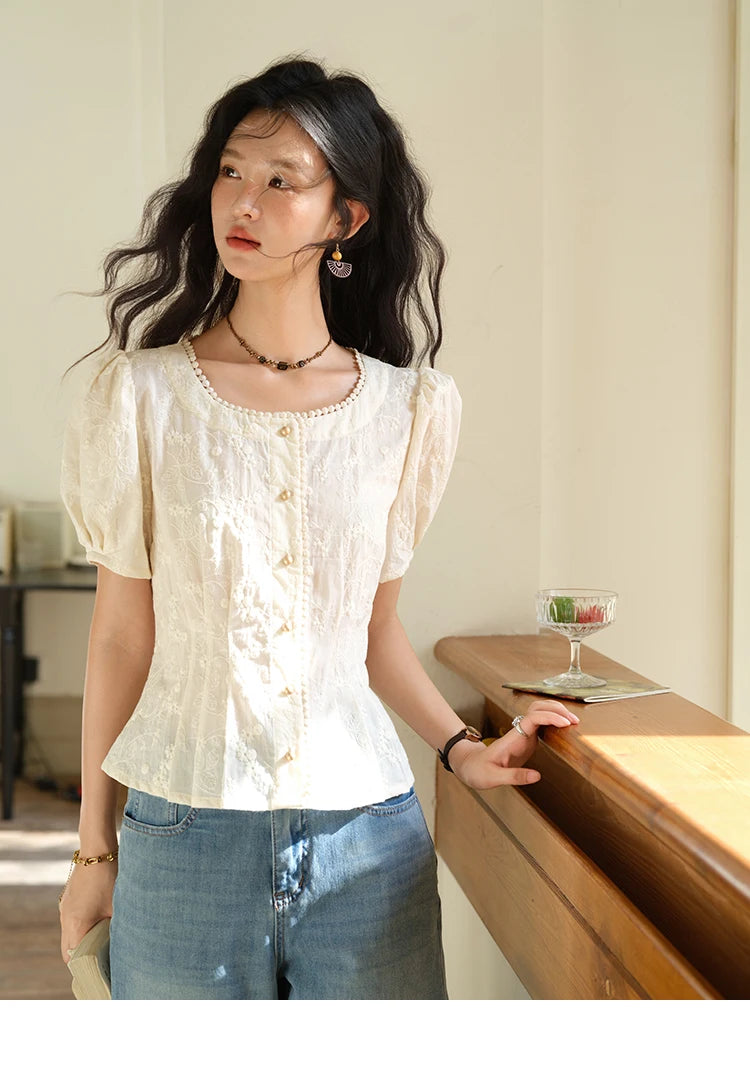 MISHOW Embroidery Cotton Shirt for Women 2025 Summer Fashion French Style Puff Sleeve Button Shirt Women's Clothing MXE39X1979
