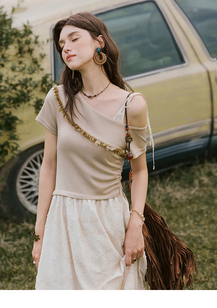 MISHOW Holiday Summer Dresses Women New 2025 Short Sleeve Off-shoulder Knitted Patchwork Midi Dress Female Slimming MXE33L2207