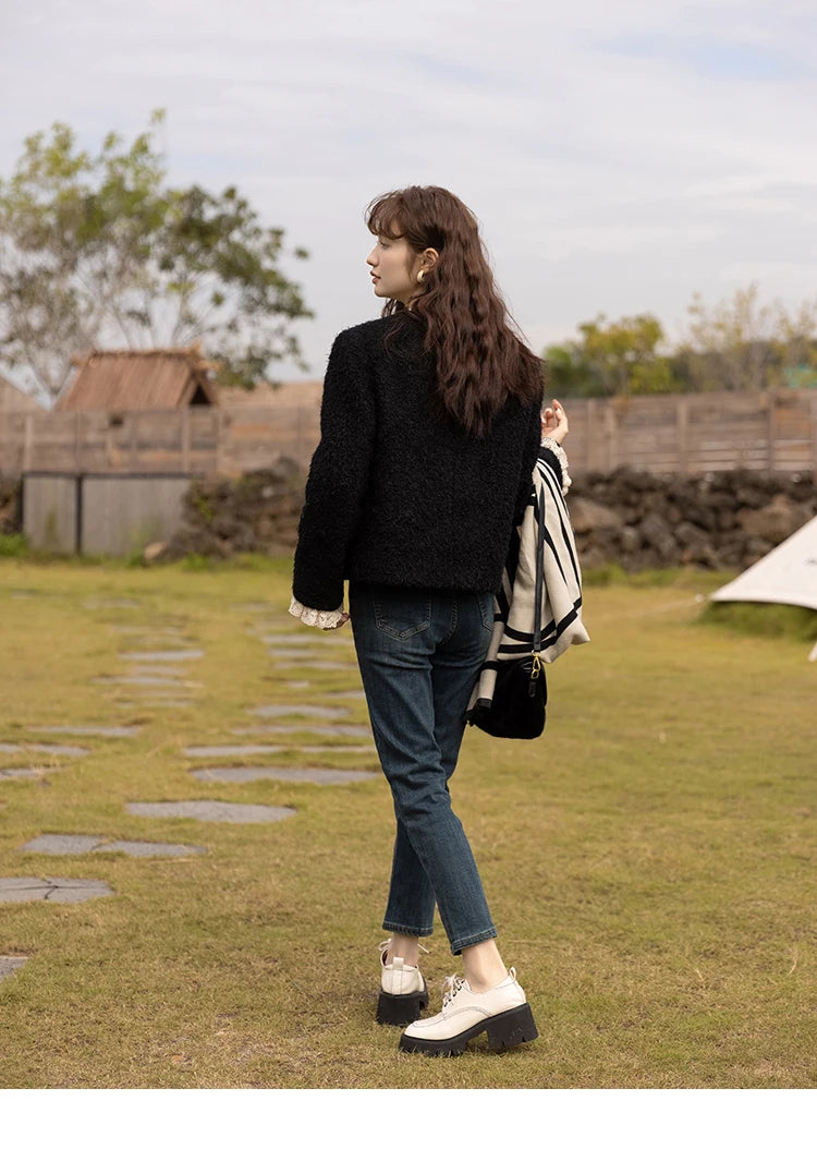 MISHOW Wool Coat for Women Winter Korean Retro Lace Splicing Lamb Wool Button Pockets Thickened Warm Female Coat MXB43W0720