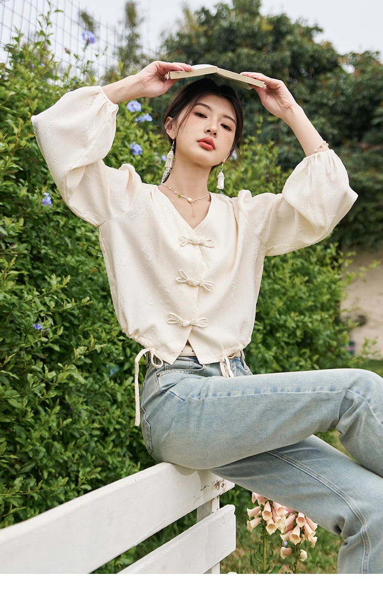 MISHOW Chinese Button Up Single Row Shirt for Women 2024 Spring Jacquard Hem Drawstring Puff Sleeve Solid Loose Top MXD14X1386