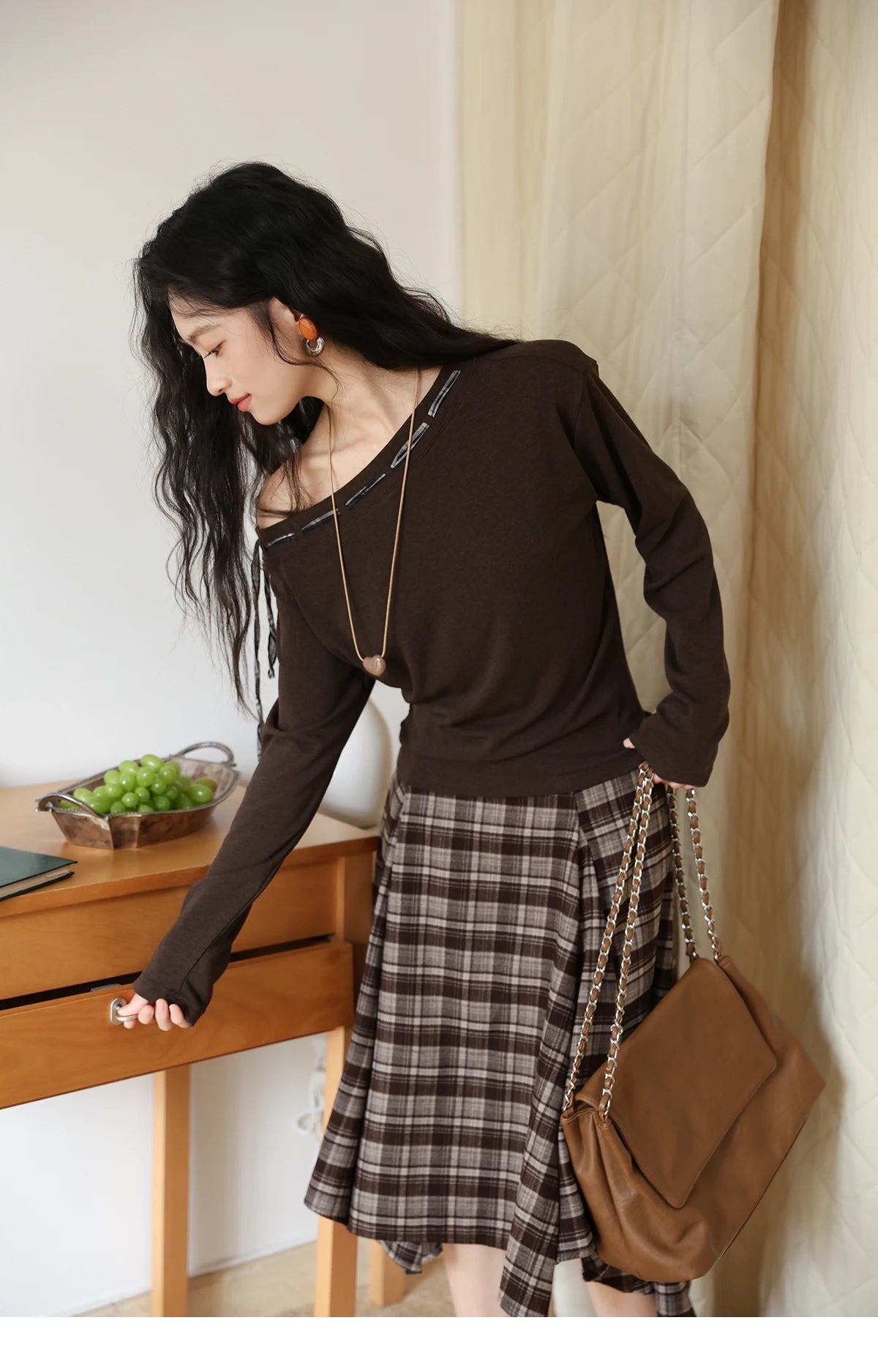 MISHOW Slant Shoulder Knitted Top for Women Autumn 2025 Drak Brown Plaid Strap Design Tops Casual Knitted Base Top MXE45T1402