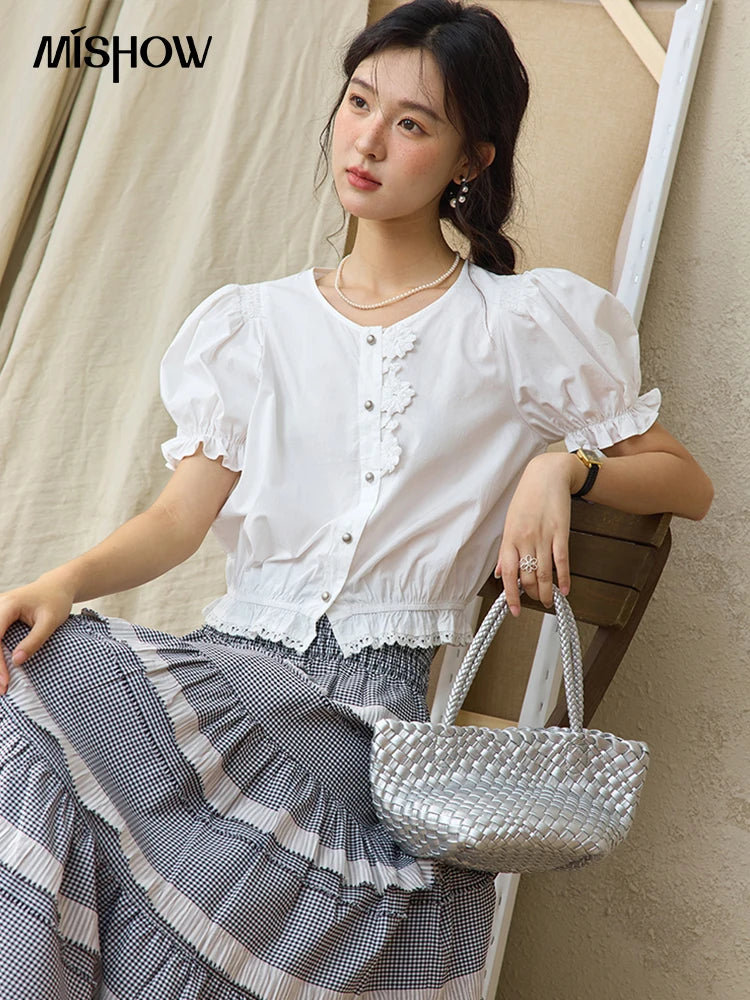 MISHOW Sweet Lace Pufff Sleeve Shirt Summer 2025 Flower Single Breasted Buttons Short Shirts Hem Elastic Waist Tops MXE34X1820