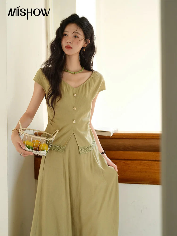 MISHOW Two-Piece Ladies Set 2025 Summer New Fashion V-neck Button Lace Hollow Out Spliced Top Pocket A-line Skirt Set MXE39T0665