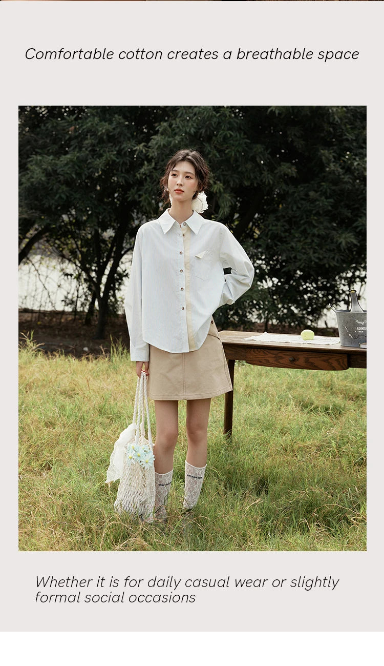 MISHOW Light Blue Striped Shirt for Women Spring 2025 Contrast Color Placket Shirt 100 Cotton Polo Neck Commuting Top MXE15C0762