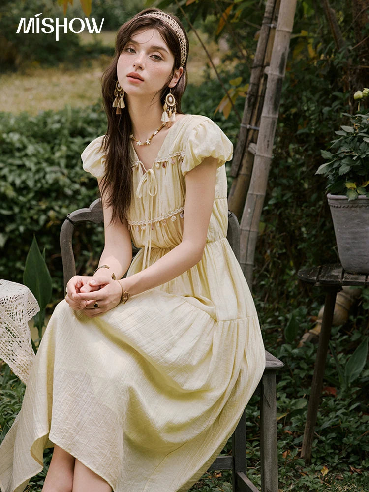 MISHOW Holiday Summer Dresses Women 2025 Solid V-neck Short Puff Sleeve Shell Ribbon High Waist Dress Woman Fashion MXE33L2193