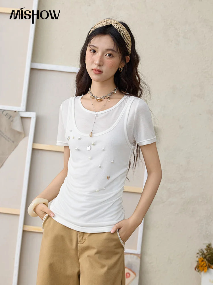 MISHOW White Fake Two Piece Bead Embroidered T-shirt for Women 2025 100 Cotton Tees Round Neck Knitted Breathable Top MXE35T0566