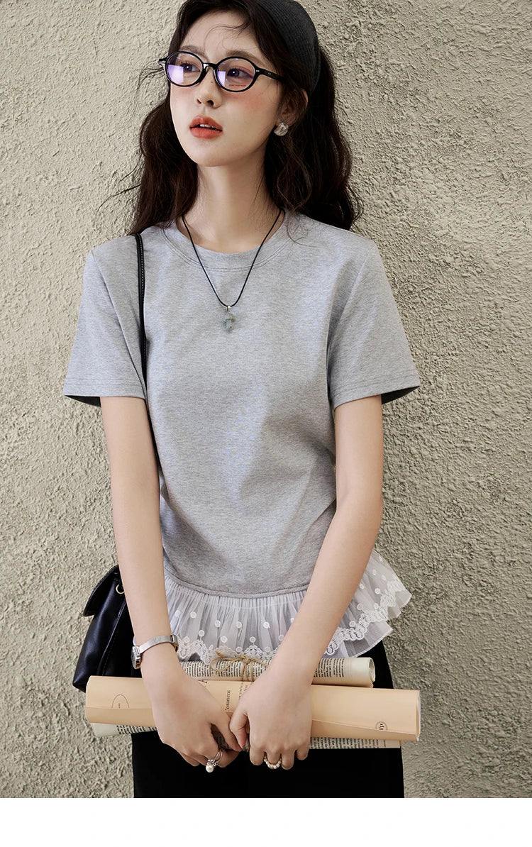 MISHOW Lace Hem Splicing T-shirt for Women Spring/summer 2025 Round Neck Versatile Top Streetwear Solid Casual Tees MXE31T0528