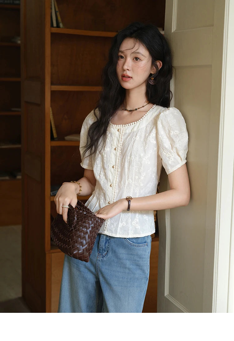 MISHOW Embroidery Cotton Shirt for Women 2025 Summer Fashion French Style Puff Sleeve Button Shirt Women's Clothing MXE39X1979