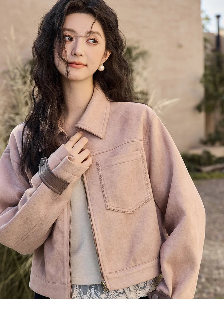 MISHOW Suede Symmetric Pocket Jacket American Vintage Zipper Short Outwear 2024 Winter Sweet Slim Lapel French Jacket MXD48W0478