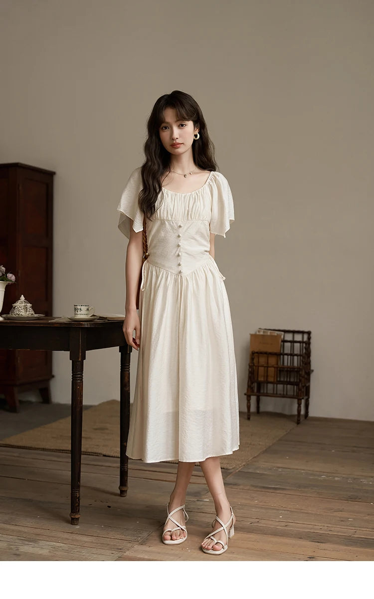 MISHOW Women's Elegant Dress 2023 Summer French A-LINE Butterfly Sleeve Square Collar Solid Lace-up Waist Dresses MXC38L1407