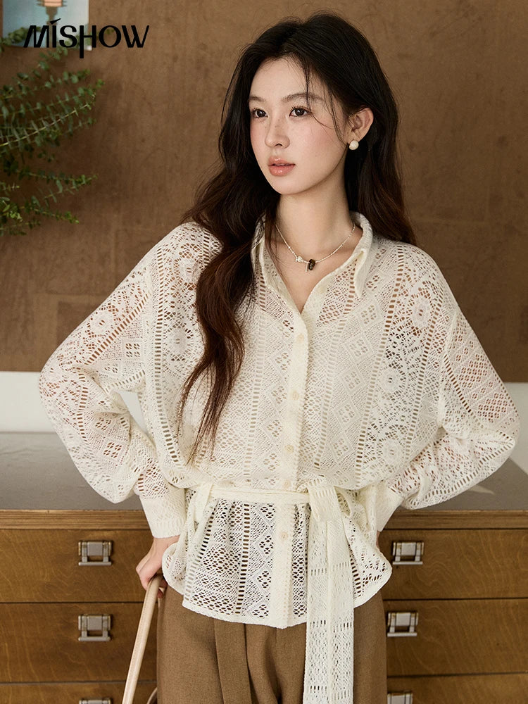 MISHOW Women's Hollow-out Lace Shirt Camisole Set 2026 Spring Lapel Drawstring Waist Sheer Casual Two-Piece Knitwear MXF108C0816