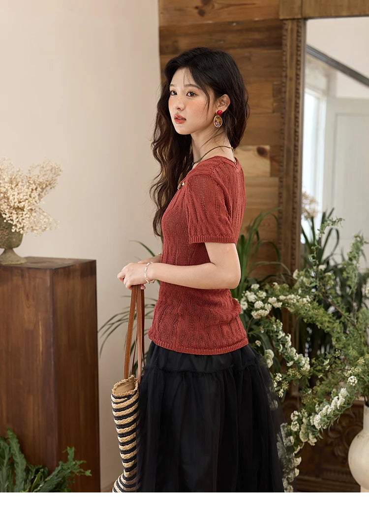 MISHOW Retro Red Hollow Thin Knitted Sweater Shirt for Women 2025 Summer Beads Short Sleeves Knitted Breathable Top MXE35Z1271