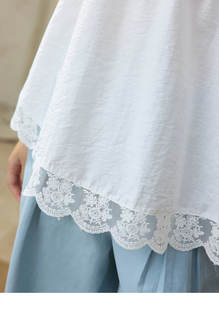 MISHOW White Lace Up Blouse Women's 2025 Summer New Fashion Butterfly Sleeve Hollow Lace Splicing Top Female Clothing MXE34X1784