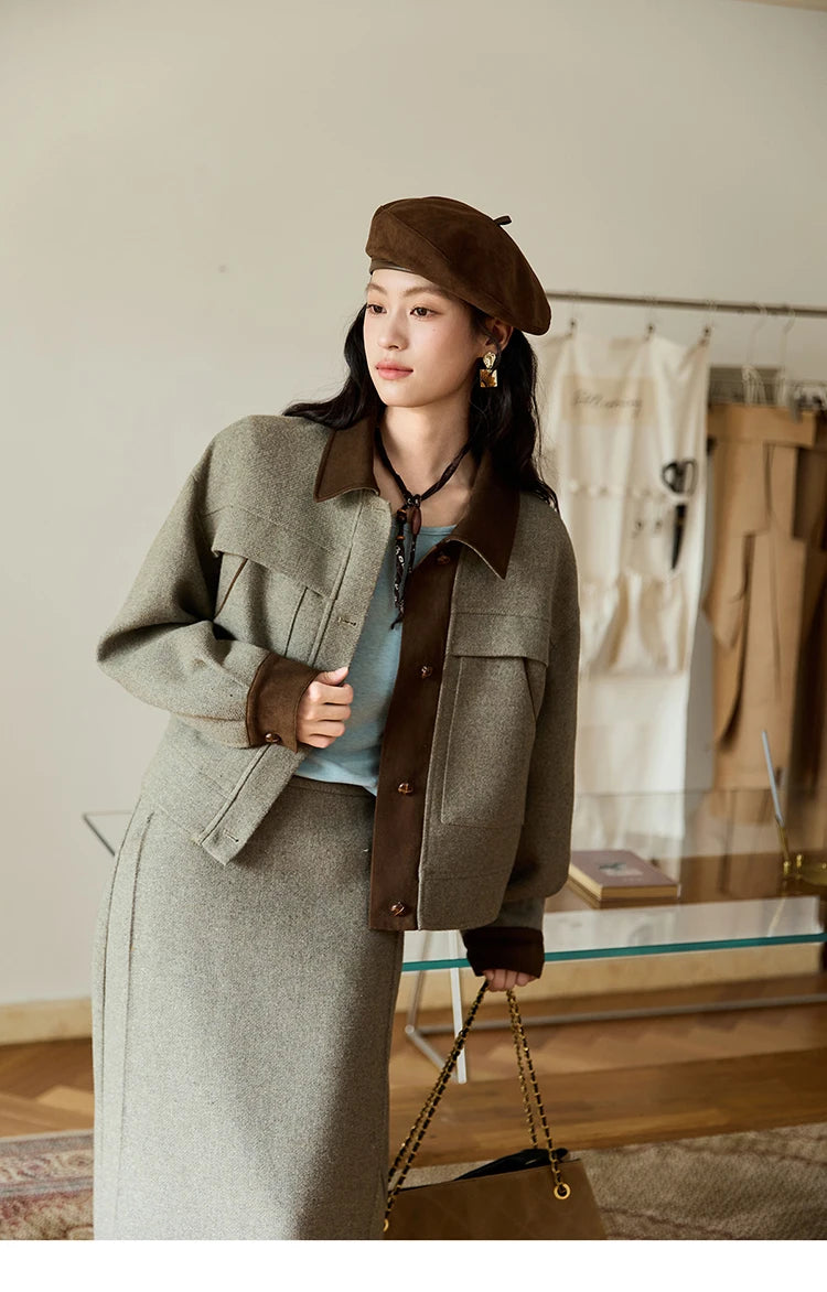 MISHOW Wool Woolen Coat for Women 2025 Autumn Contrasting Suede Patchwork Retro Short Top Lapel Loose Warm Coats MXE46W0844