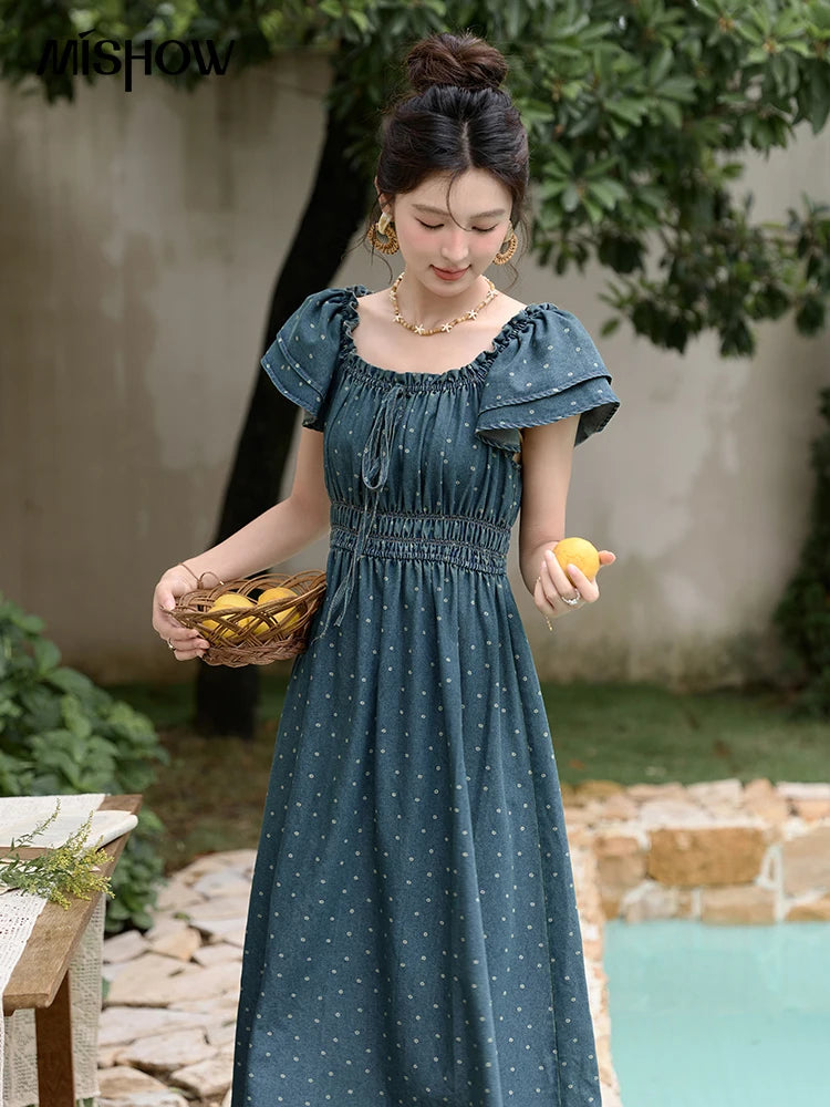 MISHOW Lace Up Flying Sleeve Polka Dot Dress Summer 2024 High Waist Pleated Long Dresses Square Neck Denim Dress MXD30L2022