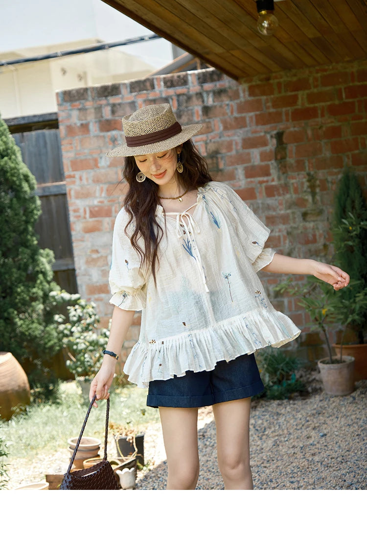 MISHOW Women's V-neck Lace Up Blouse 2025 Summer New Fashion Embroidery Mushroom Edge Commute Top Women's Blouse MXE39X1959