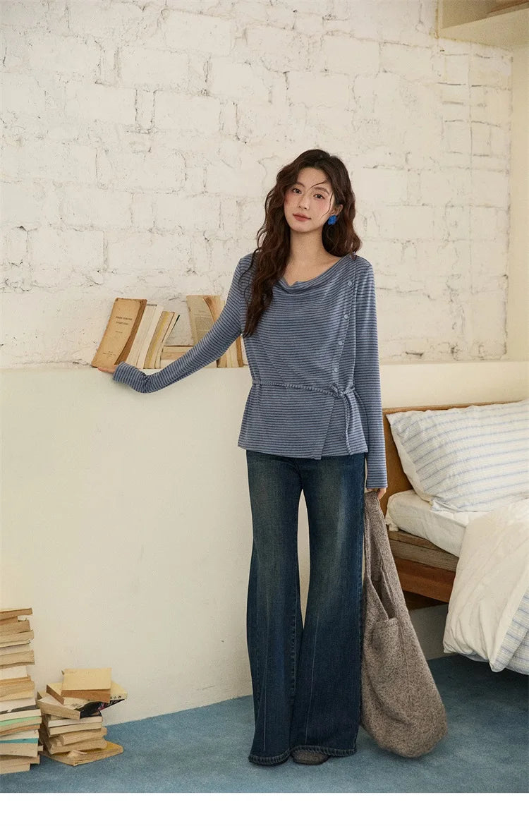 Mishow Retro Crew Neck Tie-Up Striped Top MXE87Z2700