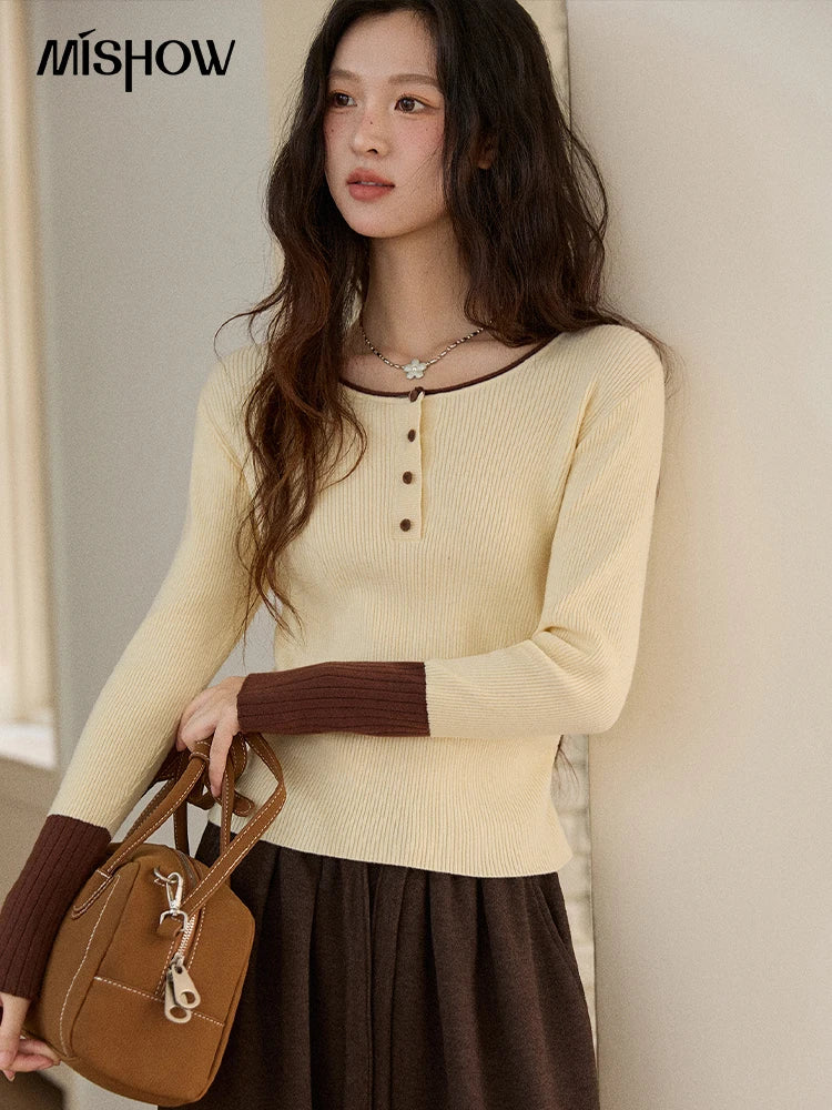 MISHOW Long Sleeves Sweater Women 2025 Winter New Retro Contrast Color Crew Neck Knit Top Comfortable Slim Sweater MXE89Z2639