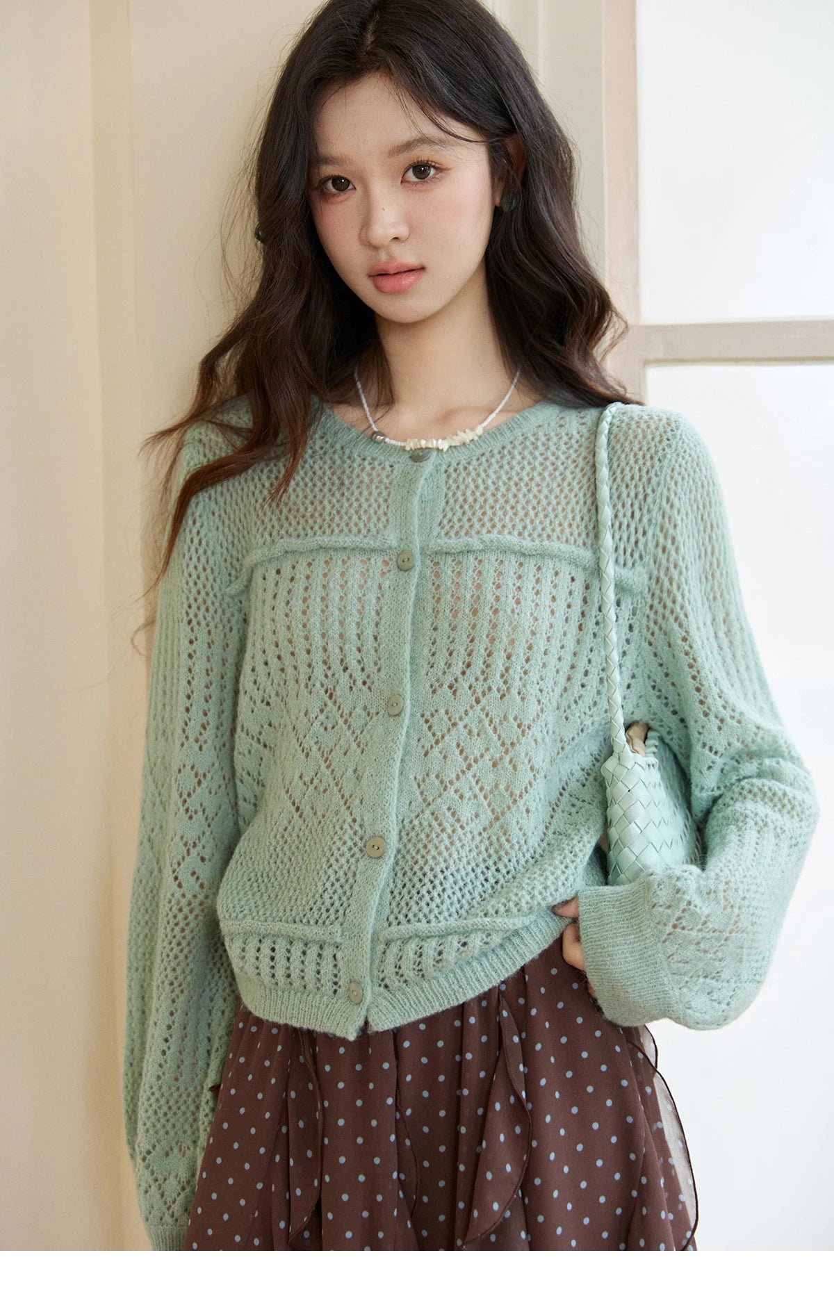 MISHOW Women's Mint Green Knitted Cardigan 2026 Spring Crew Neck Hollow Out Thin Tops Casual Loose Sheer Sweater MXF108Z1046