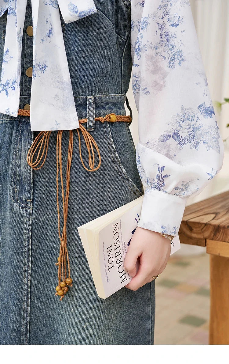 MISHOW Retro Denim Strap Dress for Women Spring Summer 2025 Symmetrical Diagonal Pockets Front Hem Slit Midi Dresses MXD14L1817