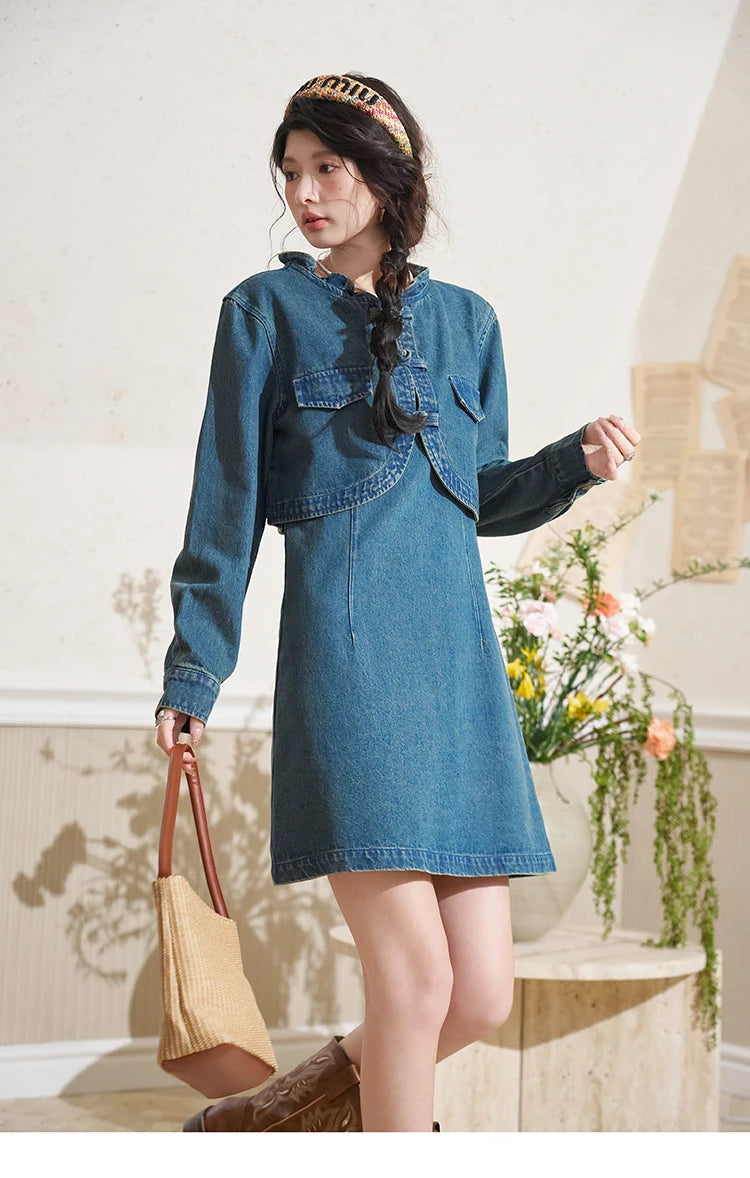 MISHOW Retro Chinese Buckle Denim Short Jacket U-neck Vest Dress Separately 2025 Autumn Casual Coat Knee-Length Dress MXD14L1771