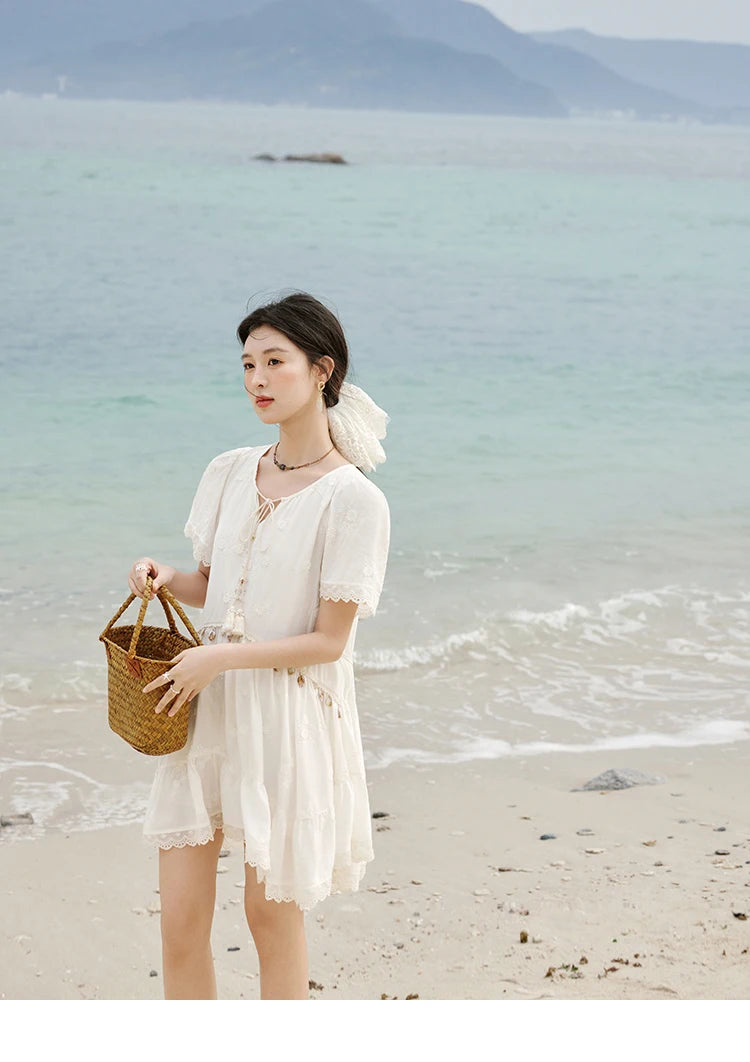 MISOHW Bohemian Solid Women's Summer Dress New 2025 Short Sleeve V-neck Shell Lace Midi Dresses for Woman Fashion MXE33L2195