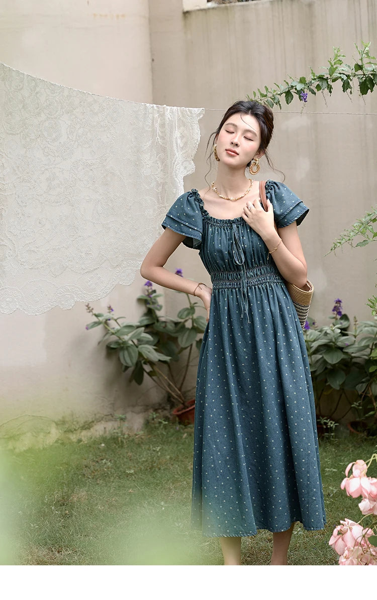 MISHOW Lace Up Flying Sleeve Polka Dot Dress Summer 2024 High Waist Pleated Long Dresses Square Neck Denim Dress MXD30L2022