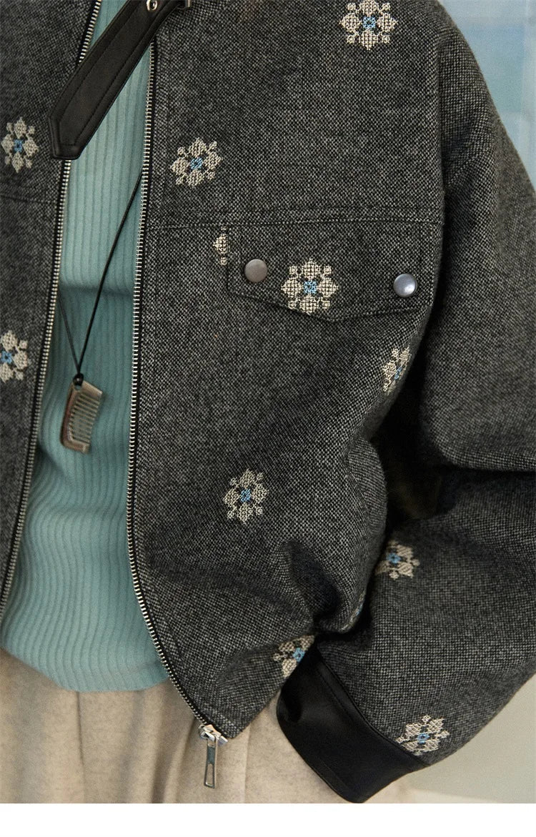 MISHOW Women's Wool Blend Jacket 2025 Winter Retro Small Flower Embroidery Decorated Coat Turtleneck Zipper Jacket MXE86W0906