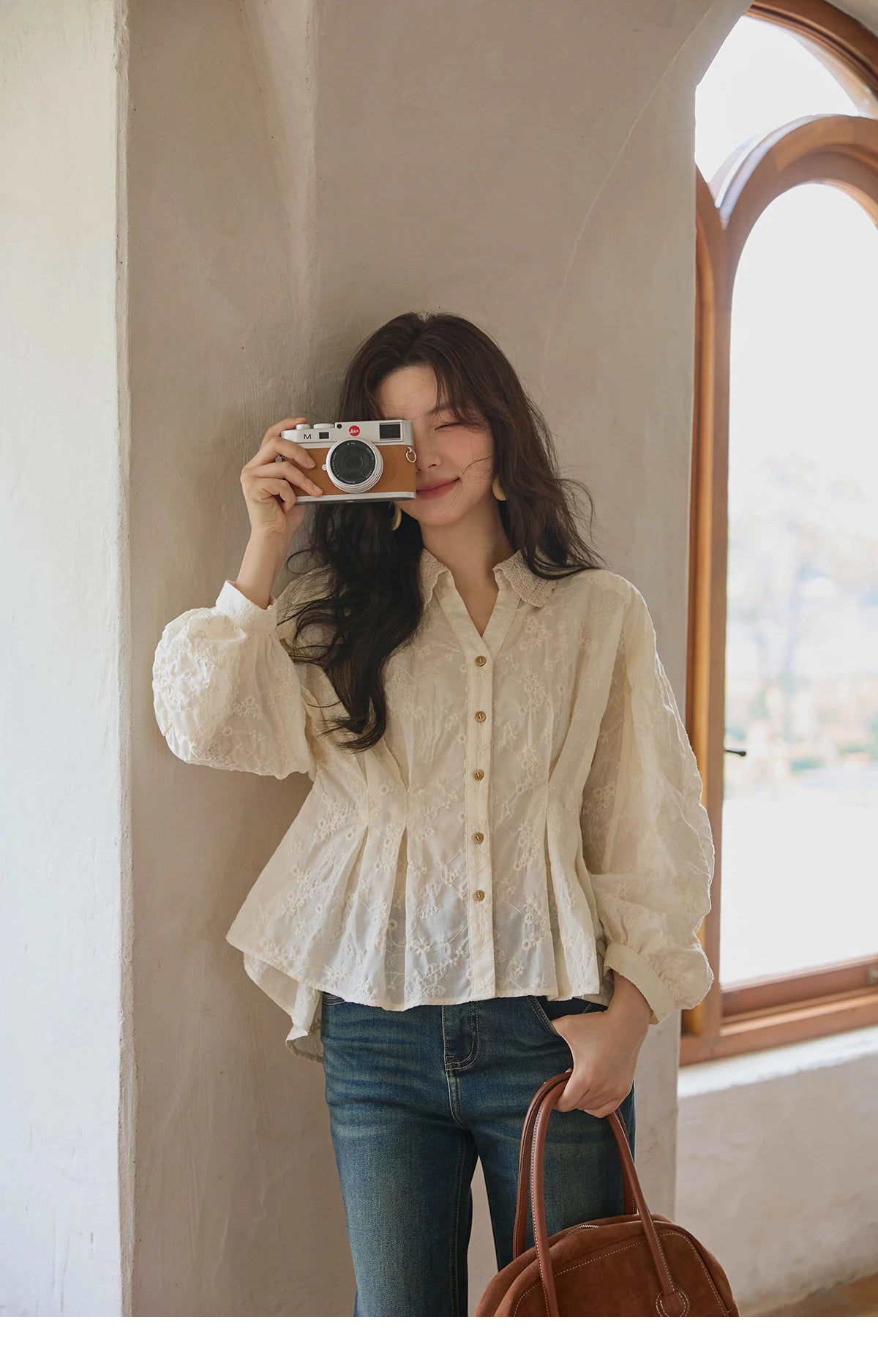 MISHOW Women's Lantern Sleeve Blouse 2025 Autumn French Lace Hollow Out Lapel Collar Shirts Waist Hem Ruffle Tops MXE42C2372