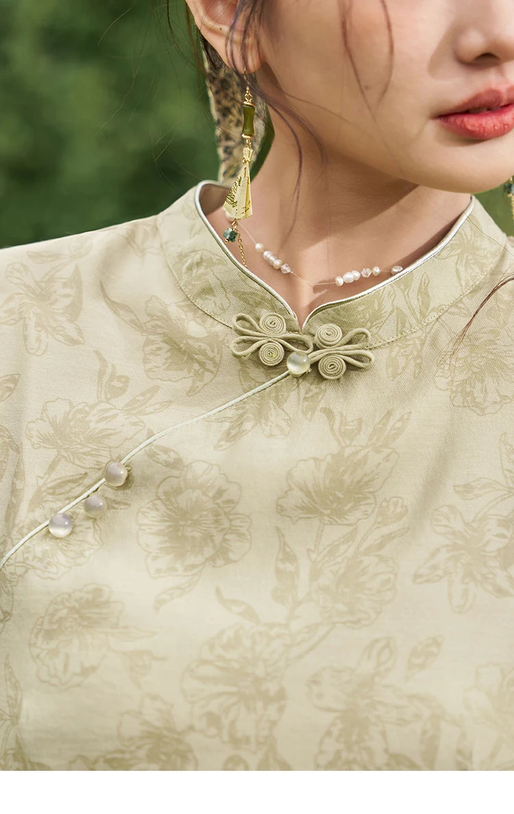 MISHOW Retro Chinese Improved Cheongsam Dress 2024 Spring Chiffon Printing Green Puff Sleeve Stand Neck Waist Dresses MXD14L1767