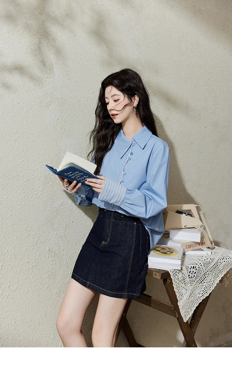 MISHOW Women's Retro Deep Blue Short Denim Skirt Spring High Waist Slim A-line Skirts Denim Commuting Versatile Skirt MXE13B0658