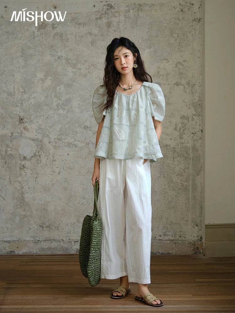 MISHOW O-Neck Blouse for Women 2025 Summer New Fashion Print Embroidery Puff Sleeve Loose Casual Top Ladies Clothing MXE34X1807