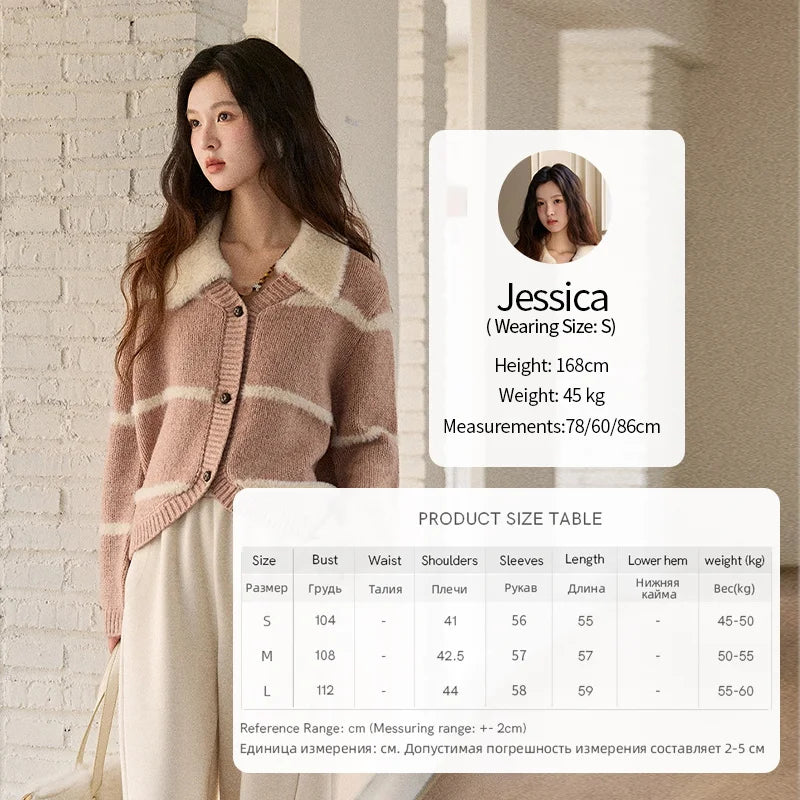 MISHOW Woman Knitted Cardigan 2025 Winter Sweet Style Faux Mink Turn-down Collar Striped Stitching Sweater Commute MXE89Z2668